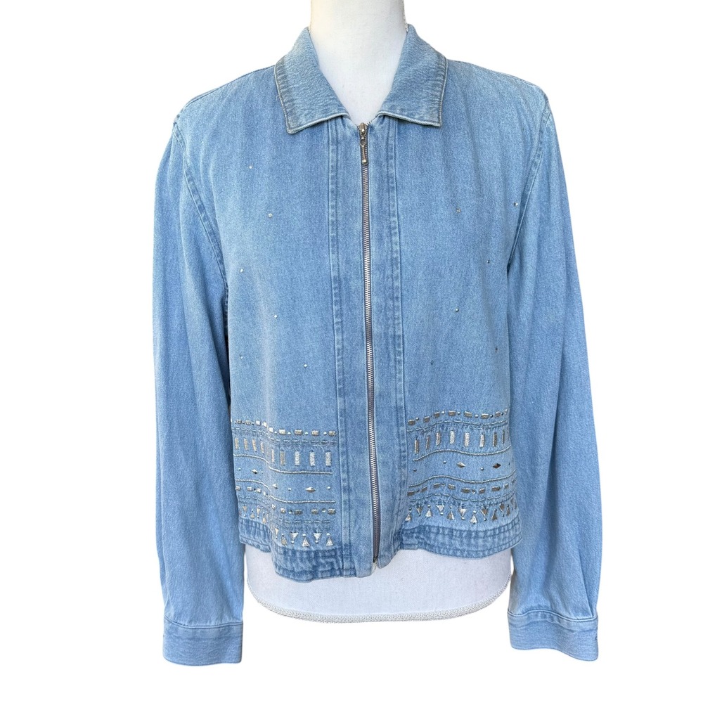 Nancy Bolen City Girl Vintage Studded Denim Jacket Light Wash Blue Zip Up Sz 12